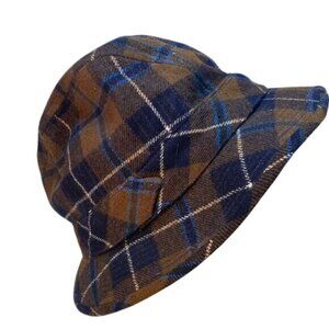 Vintage Pendleton Plaid Wool Bucket Hat 7 1/4 Blue & Brown Checkered Design